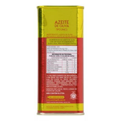 Parte traseira da lata Gallo Tipo Único, com ingredientes, informações nutricionais e aviso de que não contém glúten.