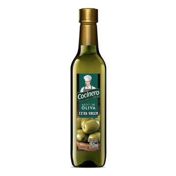 Garrafa verde de azeite de oliva extra virgem Cocinero, com tampa dourada e conteúdo de 250 ml.