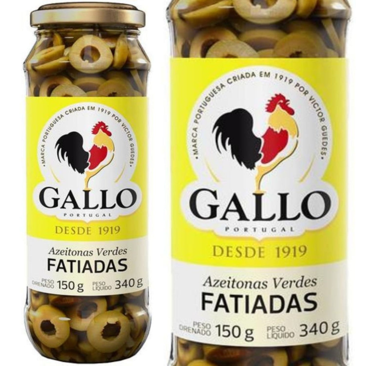 Pote e detalhe do rótulo Gallo, que mostra azeitonas verdes fatiadas, 150 g drenados e 340 g líquidos.