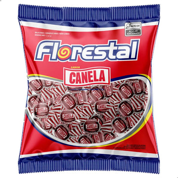 Pacote de bala dura Florestal sabor canela 500 g, com balas embrulhadas individualmente e selo alto em acucar adicionado.