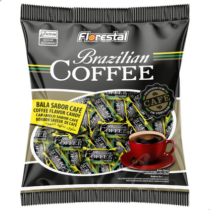 Pacote Florestal Brazilian Coffee com balas duras sabor café em embalagens individuais.