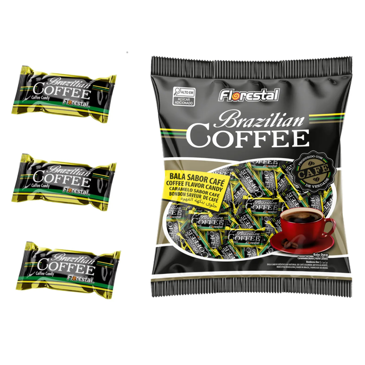 Pacote de balas Florestal Brazilian Coffee acompanhado de três balas individuais.