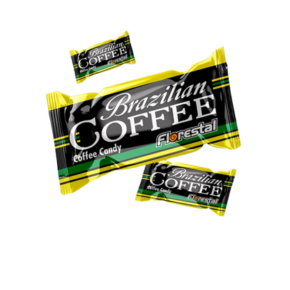 Balas individuais Florestal Brazilian Coffee em embalagens pretas com detalhes amarelos e verdes.