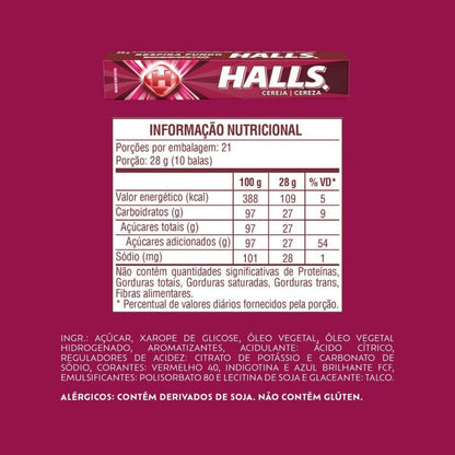 Rótulo Halls Cereja com informação nutricional, ingredientes e aviso de alergênicos.