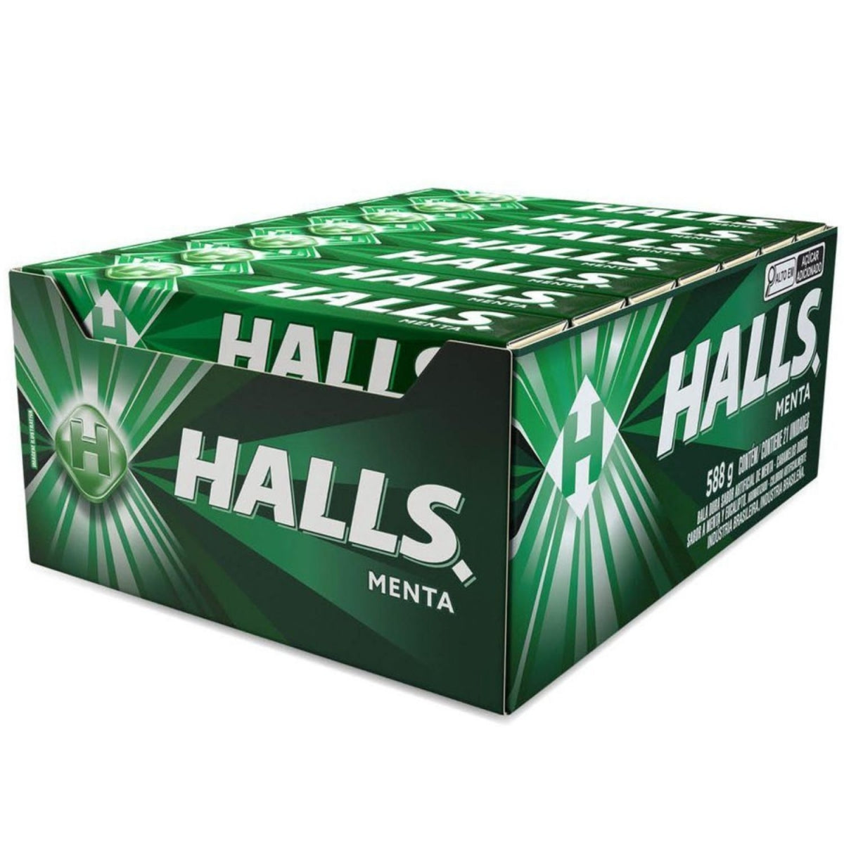 Display verde de balas Halls Menta com várias caixas individuais.