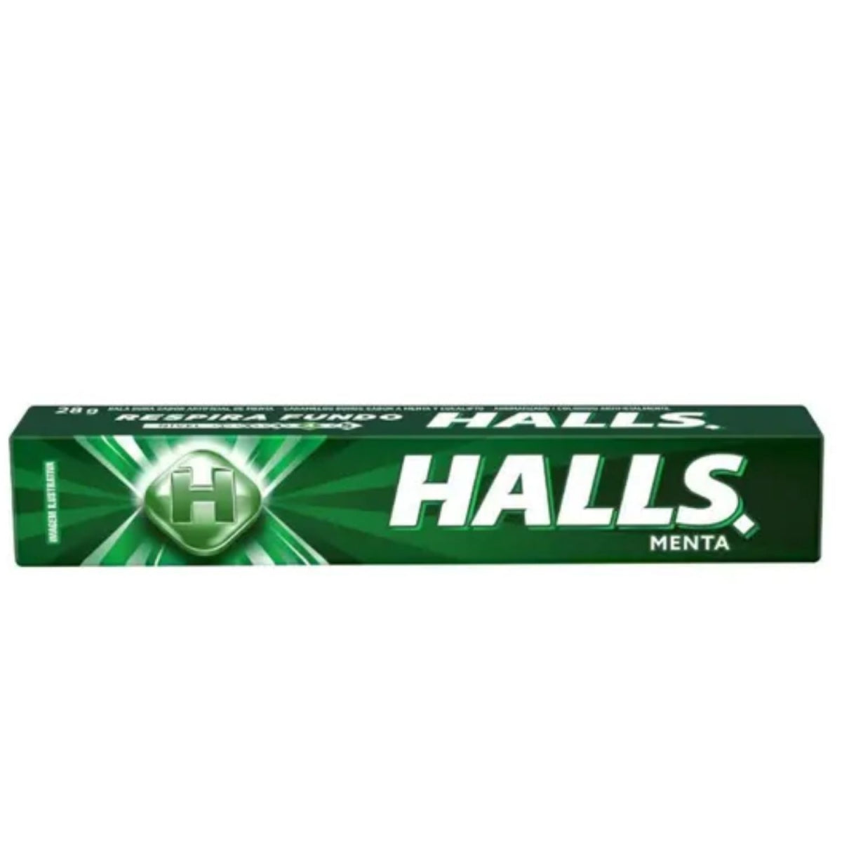 Caixa individual de bala Halls Menta, embalagem verde.