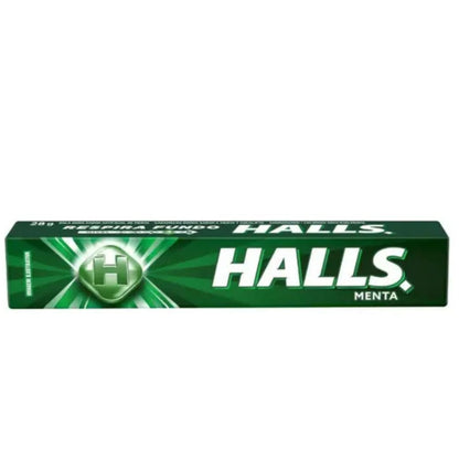 Caixa individual de bala Halls Menta, embalagem verde.