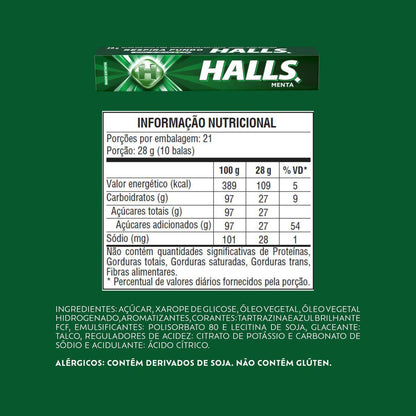 Embalagem Halls Menta com tabela nutricional, ingredientes e avisos sobre soja e glúten.