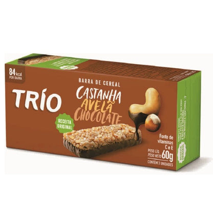 Caixa Trio de barras de cereal de castanha, avelã e chocolate, com 3 unidades e peso líquido de 60 g