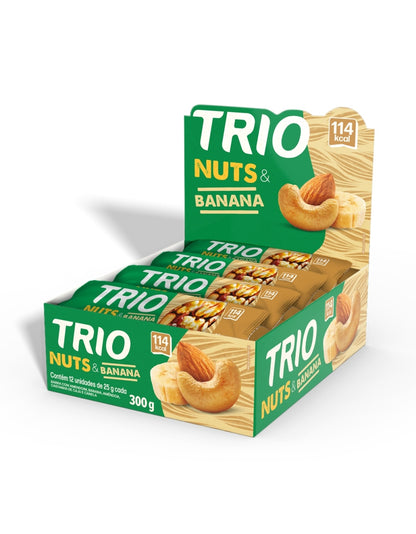 Display aberto Trio Nuts e Banana com barras embaladas e indicação de 12 unidades de 25 g.