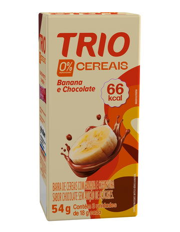 Embalagem Trio Zero Banana e Chocolate, com indicação de 54 g e 3 unidades de 18 g.