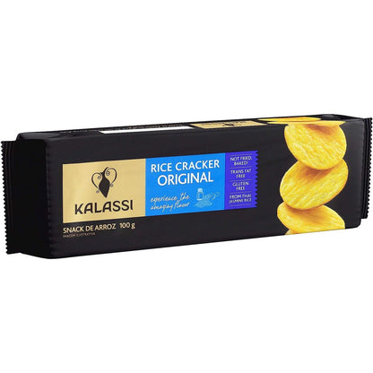 Embalagem preta do biscoito de arroz Kalassi Original 100 g, com os dizeres assado e sem glúten.