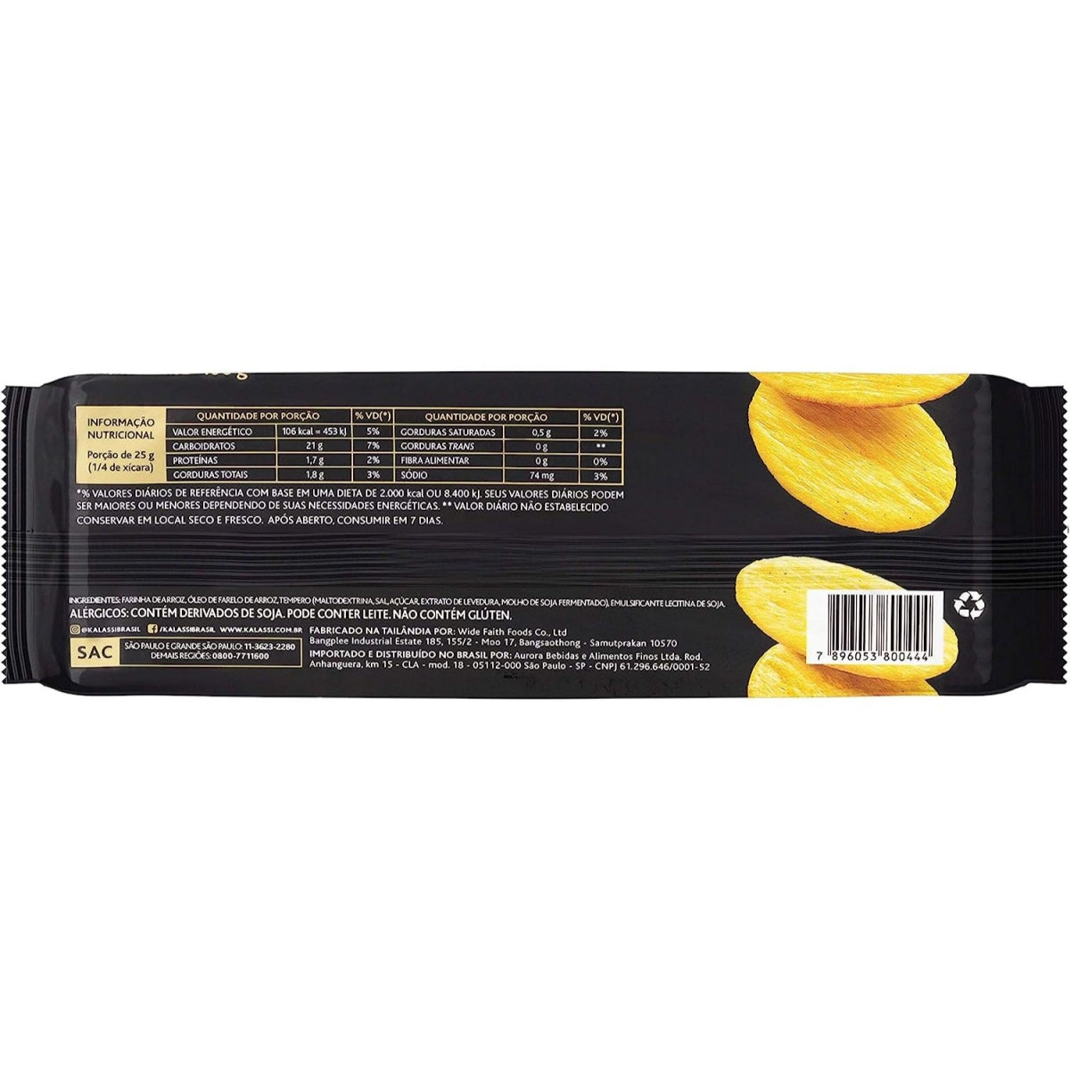 Parte traseira do pacote com ingredientes, declaração de alergênicos, tabela nutricional e código de barras.