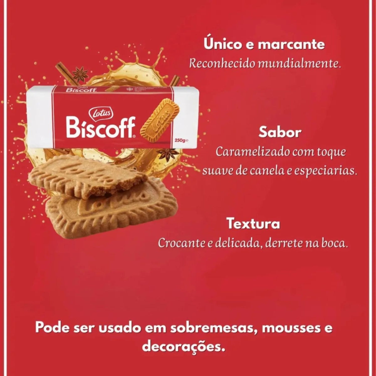 Imagem do pacote Lotus Biscoff e biscoitos com informação de sabor caramelizado e textura crocante.