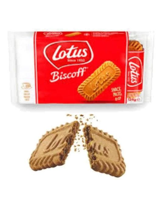 Embalagem Lotus Biscoff Pocket e biscoitos caramelizados partidos ao meio.