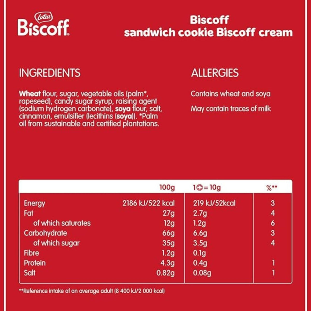 Rótulo traseiro com ingredientes, alergênicos e tabela nutricional do Biscoff sandwich cookie.