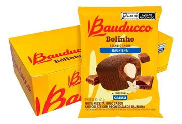 Caixa e embalagem do Bolinho Bauducco de chocolate com recheio sabor baunilha, 40 g.