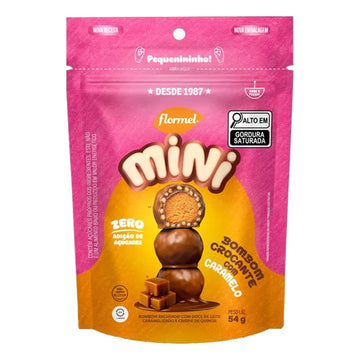 Embalagem rosa e laranja do Mini Bombom Flormel com caramelo, crispie de quinoa e peso líquido de 54 g.