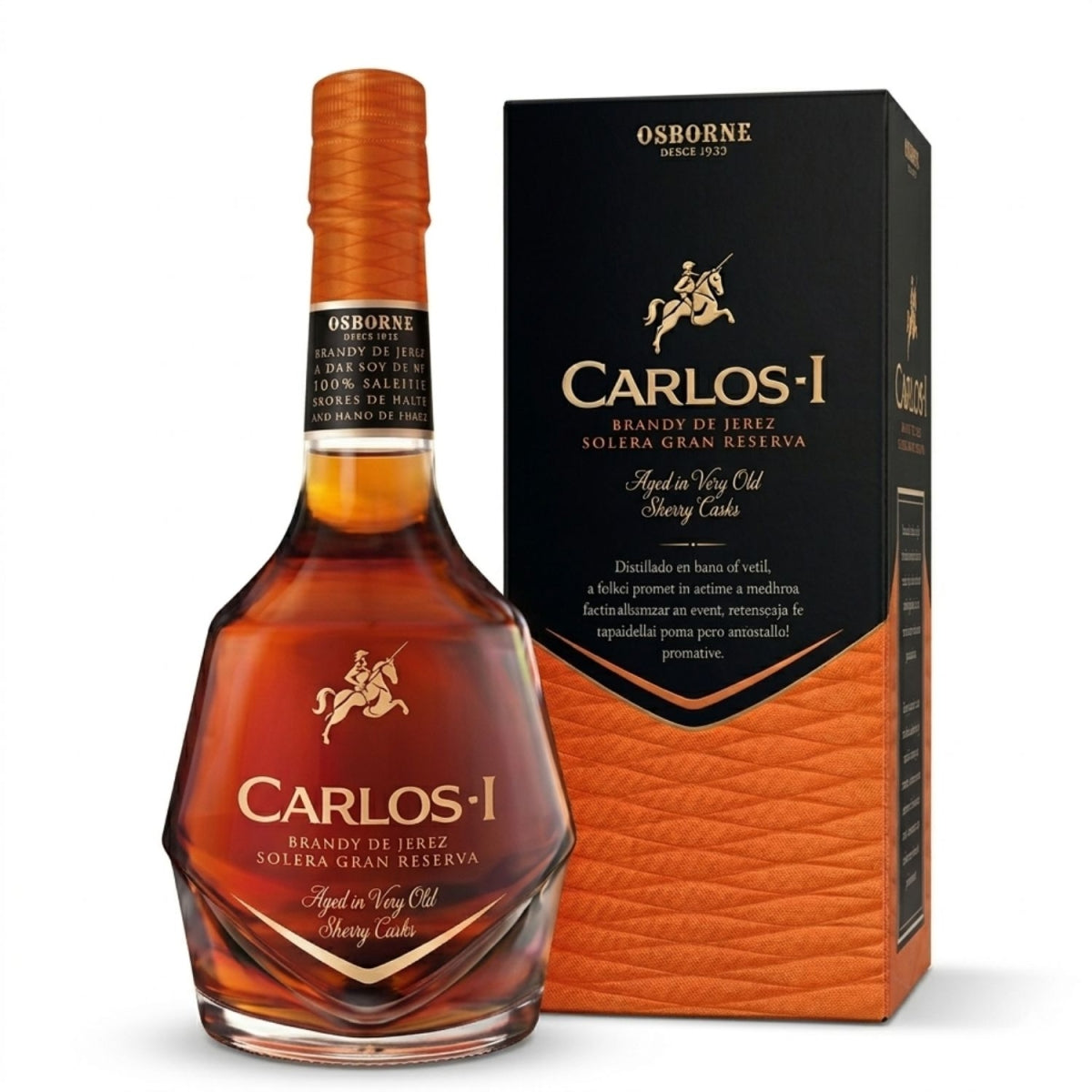 Garrafa Carlos I Solera Gran Reserva ao lado da caixa preta e laranja para presente.