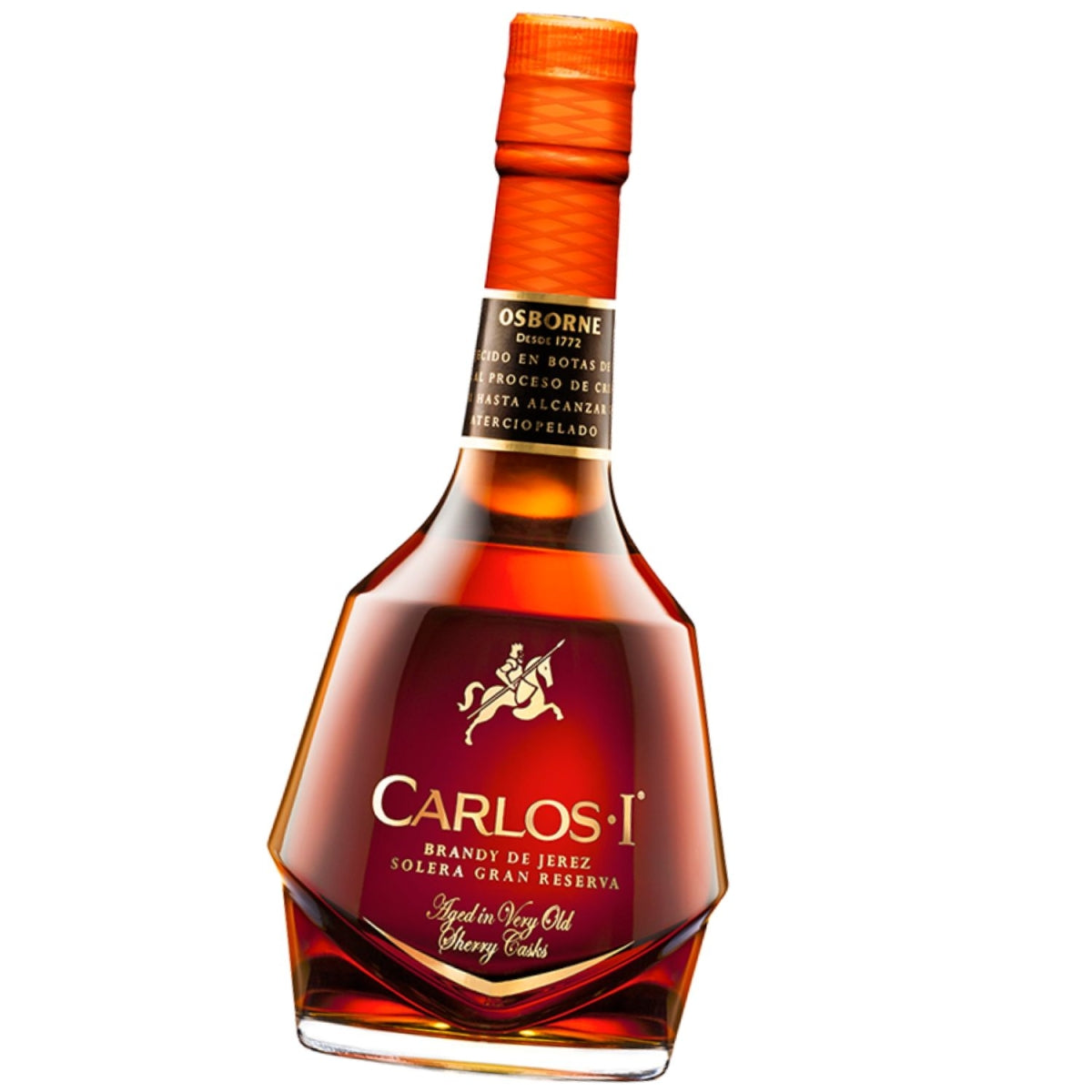 Vista frontal da garrafa Carlos I Brandy de Jerez Solera Gran Reserva.