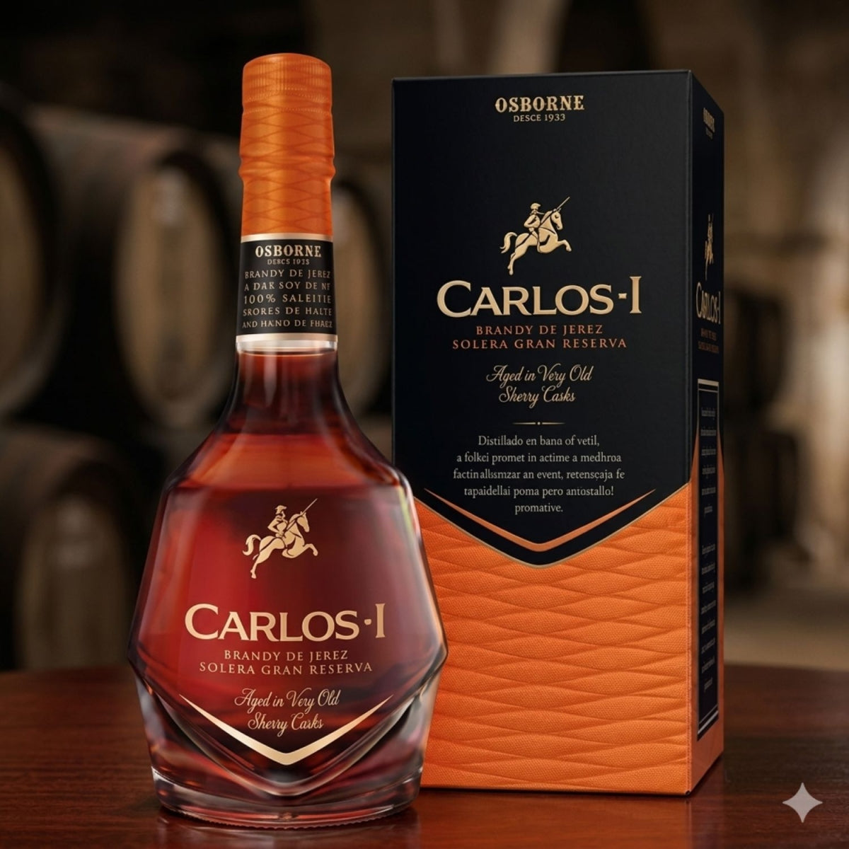 Garrafa de brandy Carlos I Solera Gran Reserva com a caixa Osborne preta e laranja da edicao.