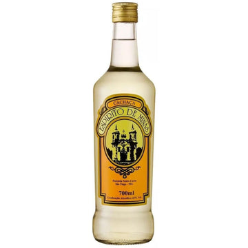 Garrafa de cachaça Espírito de Minas 700 ml, com rótulo amarelo e graduação alcoólica de 42% vol.
