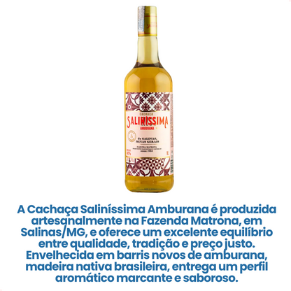 Garrafa de Cachaça Saliníssima Amburana e texto sobre sua produção e envelhecimento em amburana.