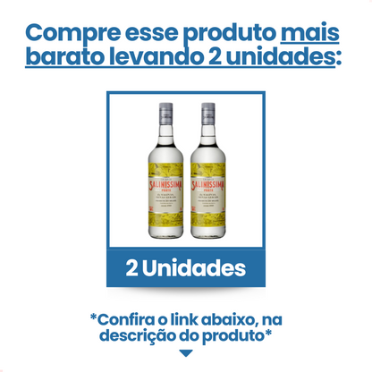 Imagem promocional de duas garrafas de Cachaça Saliníssima Prata.