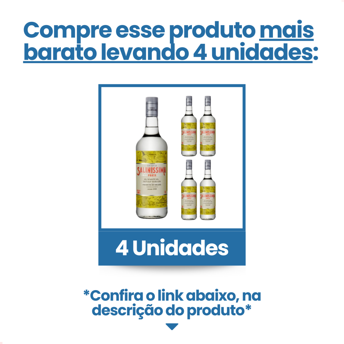 Imagem promocional de quatro garrafas de Cachaça Saliníssima Prata.