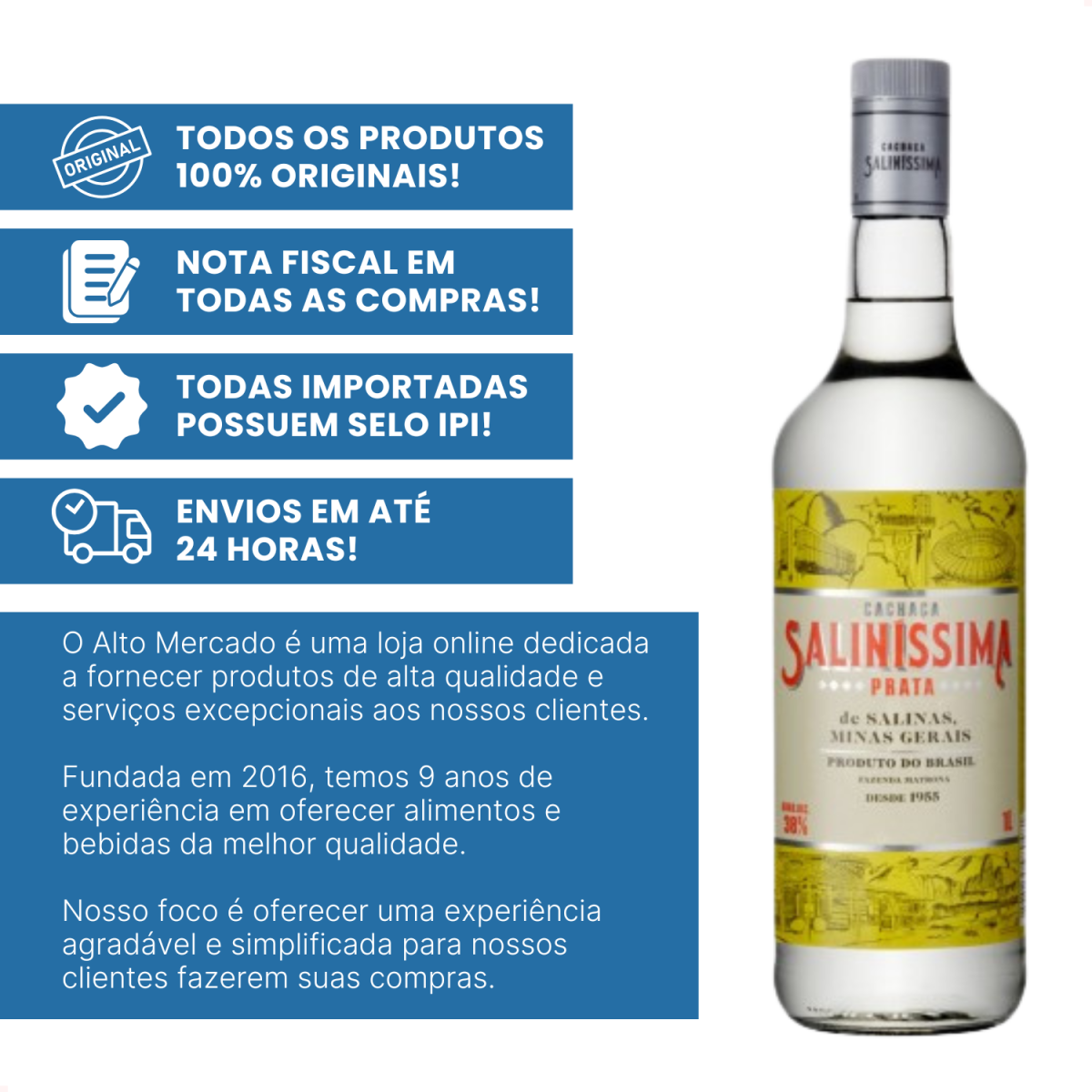 Garrafa de Cachaça Saliníssima Prata ao lado de mensagens promocionais da loja.