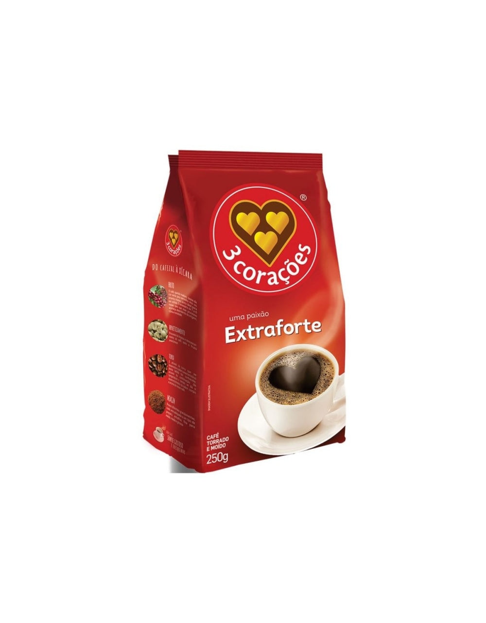 Pacote vermelho de café 3 Corações Extraforte, visto de frente e de lado
