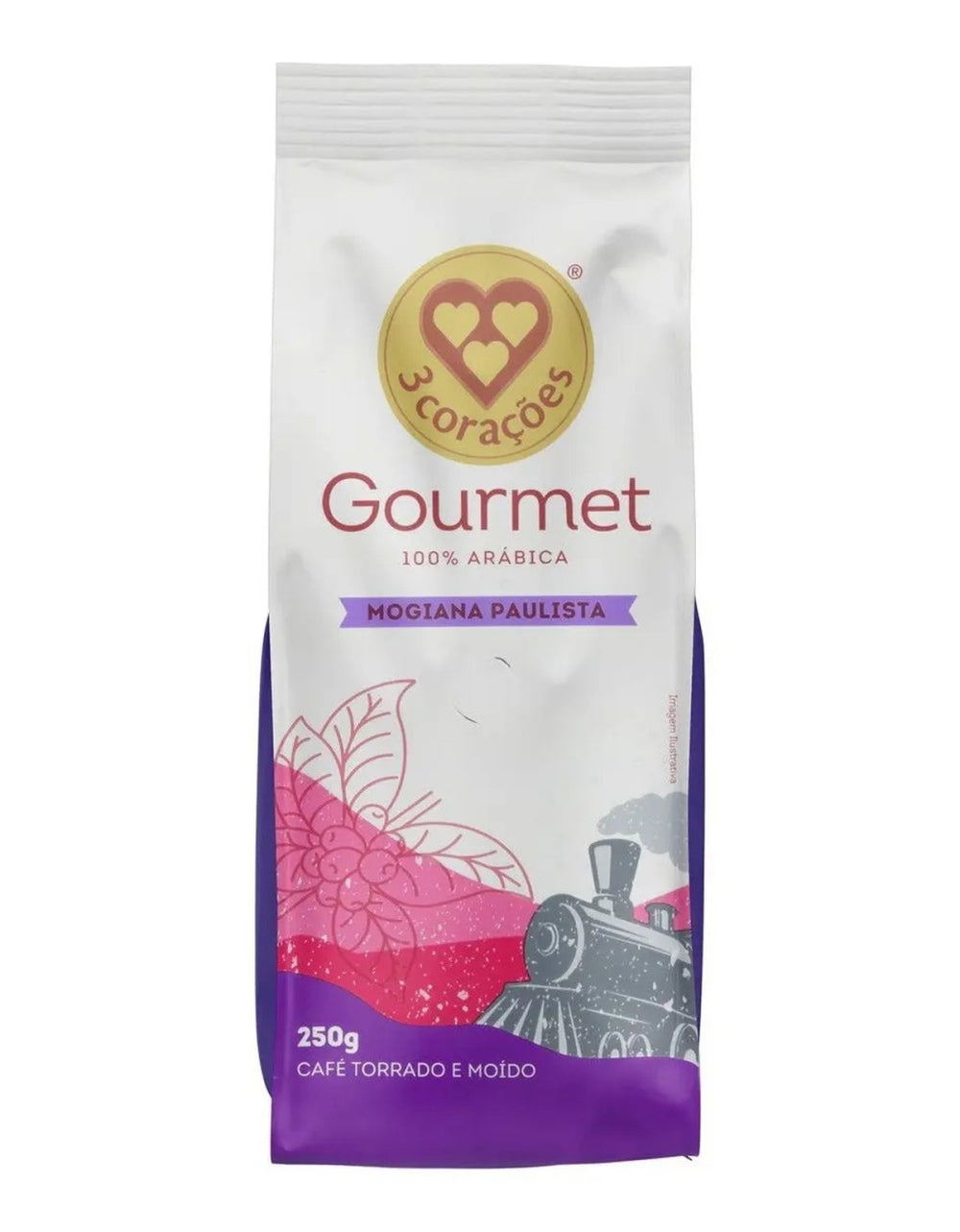Pacote de cafe 3 Coracoes Gourmet Mogiana Paulista, 100% arabica, torrado e moido, 250 g