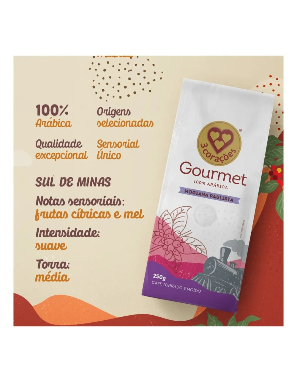 Imagem promocional do cafe 3 Coracoes Gourmet Mogiana Paulista com destaque para graos arabica