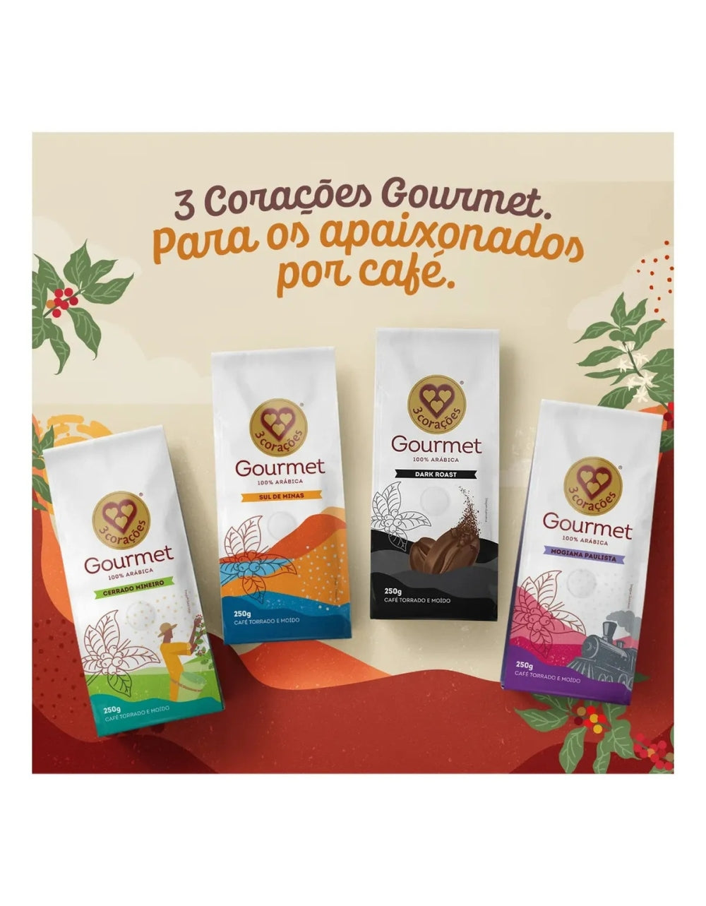 Quatro variedades de cafe 3 Coracoes Gourmet; Mogiana Paulista aparece na embalagem roxa
