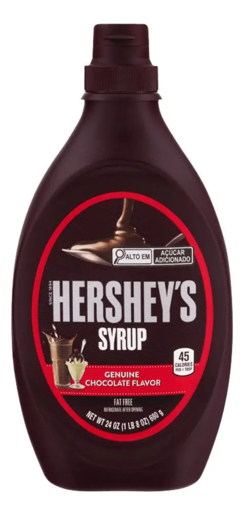 Garrafa Hershey's Syrup de chocolate, embalagem marrom de 680 g vista de frente.