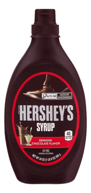 Garrafa Hershey's Syrup de chocolate, embalagem marrom de 680 g vista de frente.