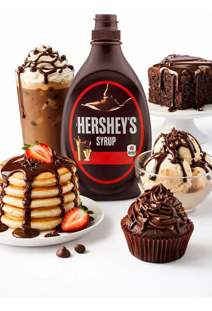 Garrafa Hershey's Syrup com panquecas, brownie, cupcakes e sorvete cobertos com calda.