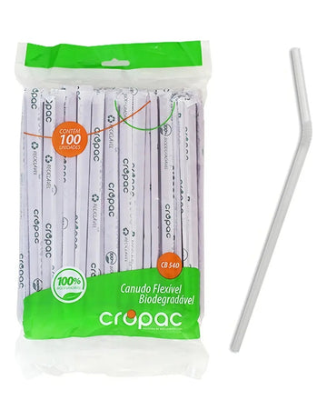 Pacote Cropac com 100 canudos flexíveis biodegradáveis e um canudo translúcido ao lado