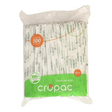 Pacote Cropac com 500 canudos brancos embalados individualmente em sachê; embalagem indica biodegradabilidade.