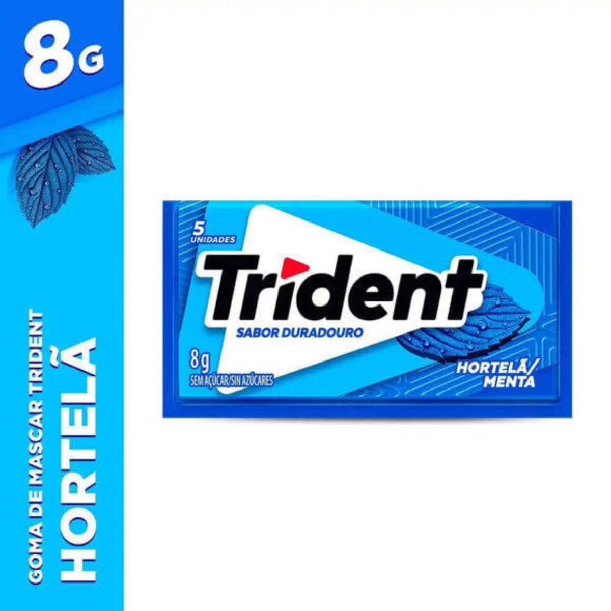 Embalagem individual de chiclete Trident Hortelã, 8 g, com 5 unidades e indicação sem açúcares.