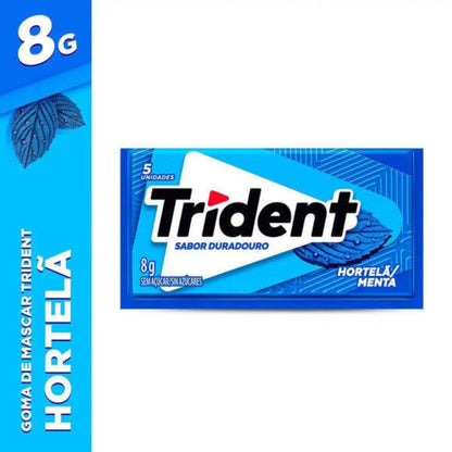 Embalagem individual de chiclete Trident Hortelã, 8 g, com 5 unidades e indicação sem açúcares.