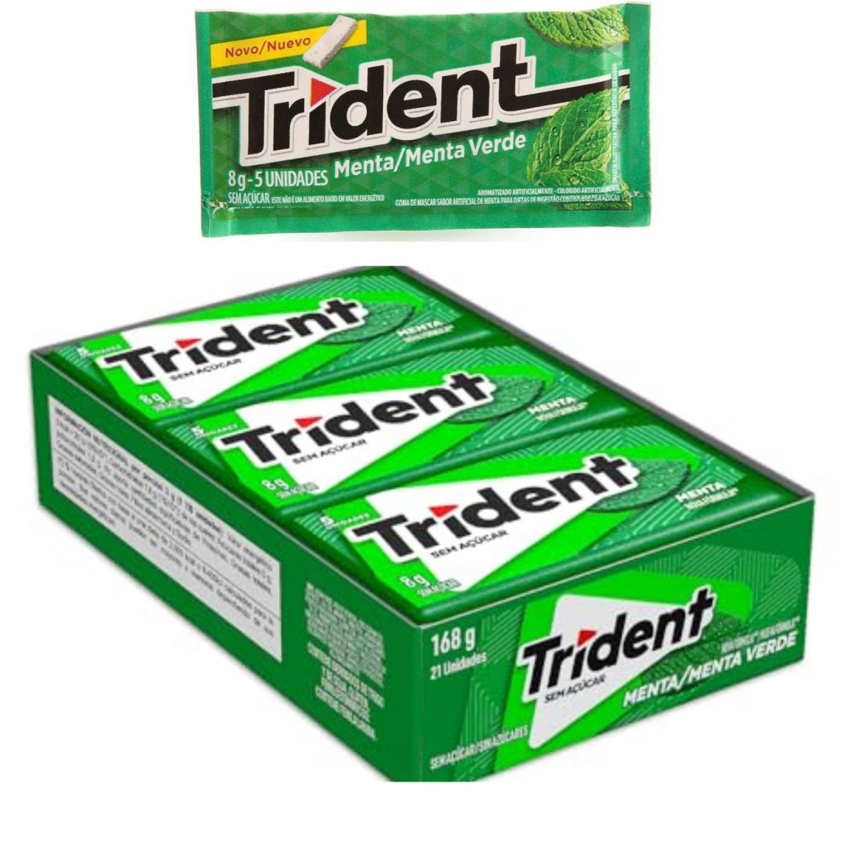 Display verde Trident Menta com 21 unidades e pacote individual de 8 g.