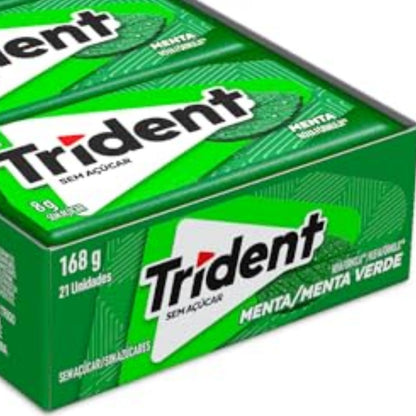 Detalhe do display Trident sem açúcar, sabor menta verde, com 168 g e 21 unidades.