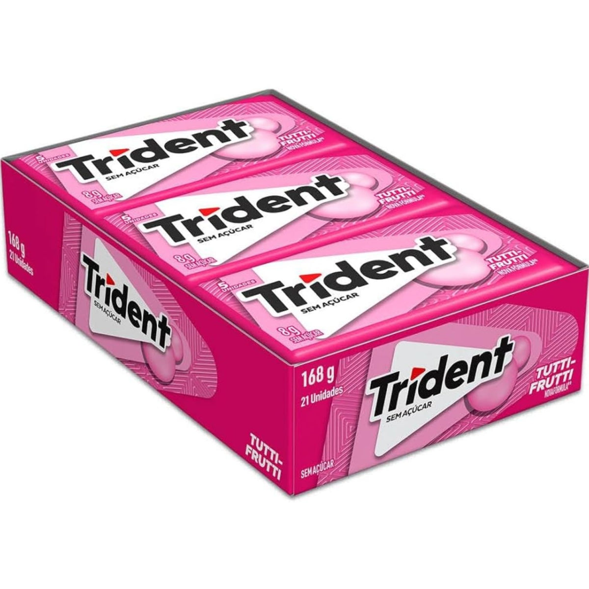 Caixa Trident Tutti-Frutti sem açúcar com 21 unidades, embalagem rosa.
