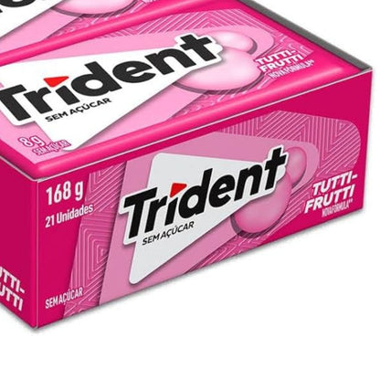 Detalhe da embalagem Trident Tutti-Frutti, caixa com 21 unidades e 168 g.