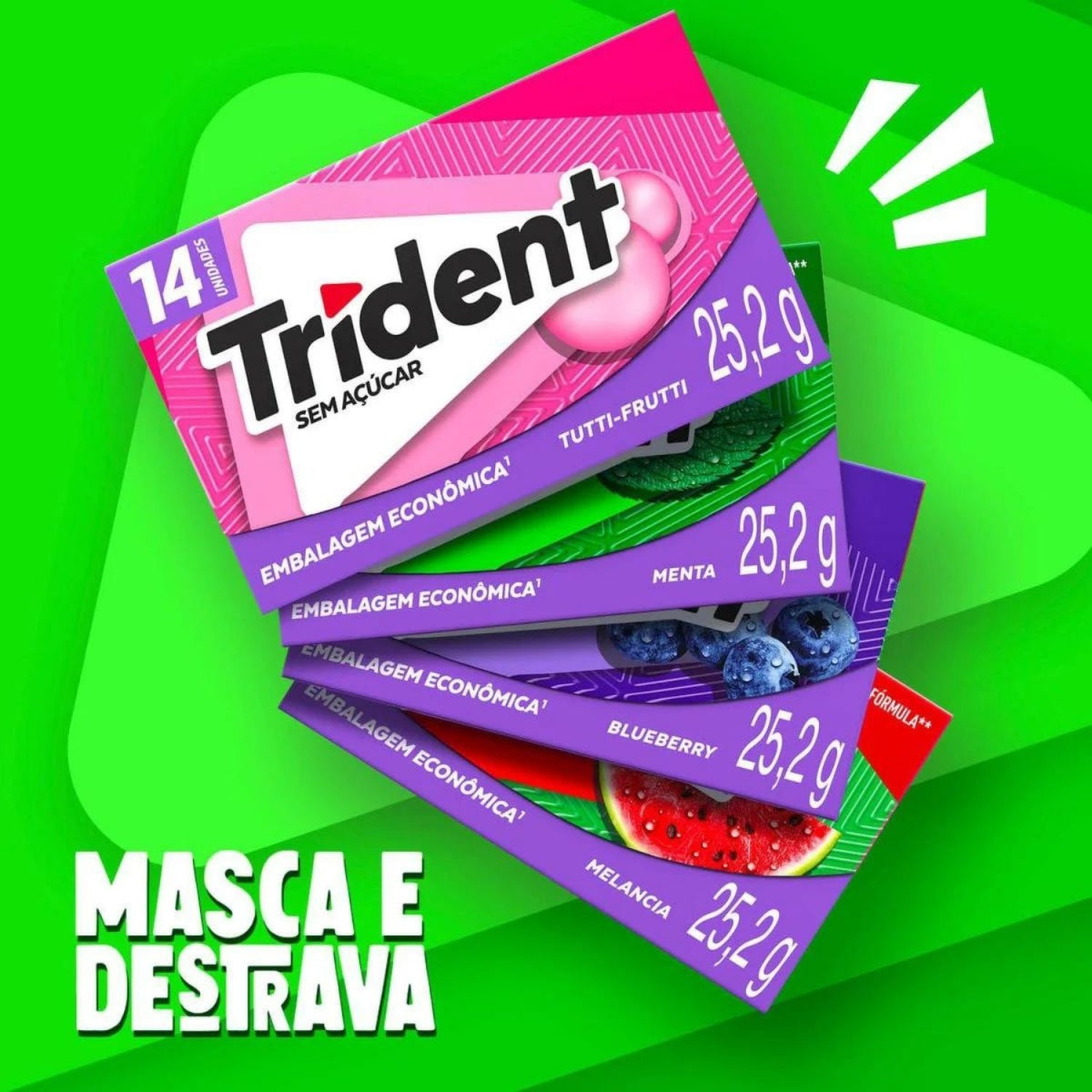 Imagem promocional com embalagens Trident de diferentes sabores; Tutti-Frutti aparece no topo.