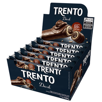 Display Trento Dark com embalagens individuais; a caixa mostra 464 g no total e chocolate 55% cacau.