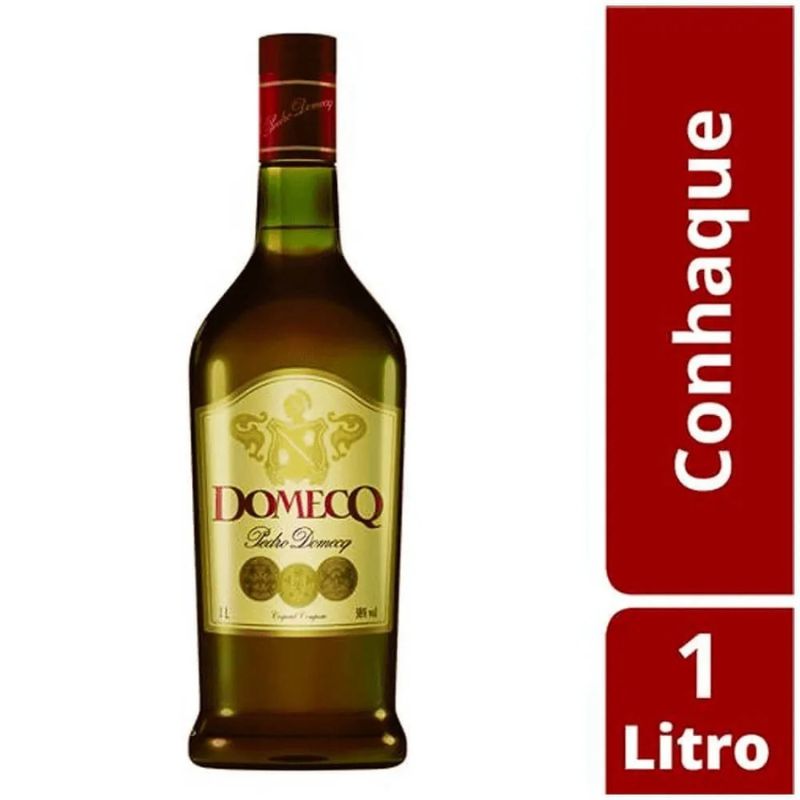 Garrafa de conhaque Domecq com indicação de conteúdo de 1 litro.
