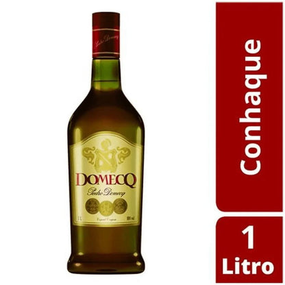 Garrafa de conhaque Domecq com indicação de conteúdo de 1 litro.