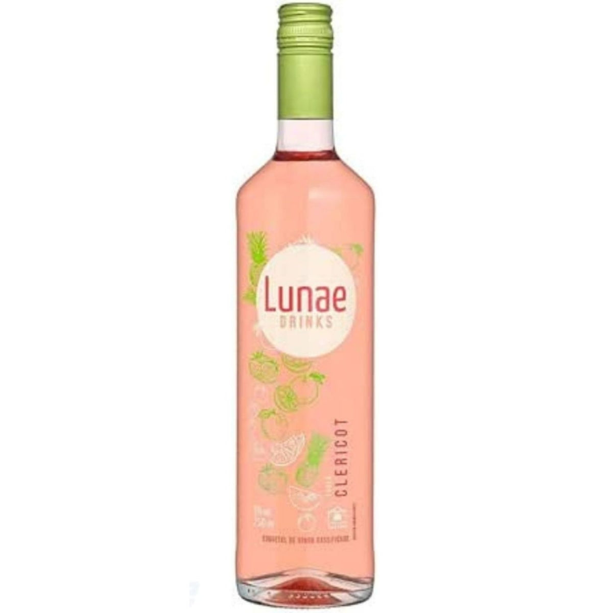 Garrafa de coquetel Lunae Clericot com bebida rosada e tampa verde.